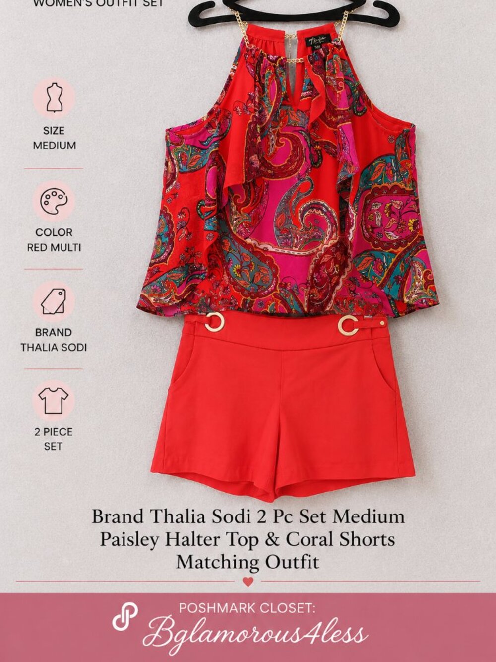 Thalia Sodi 2 Pc Set Medium Paisley Halter Top & Coral Shorts Matching Outfit